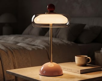 Abajur de mesa retrô em formato de cogumelo, com cúpula de vidro, estilo meados do século XX, ideal para cabeceira, decoração vintage, luminária de destaque colorida, perfeito para presente.