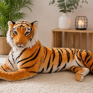 Peluche gigante de tigre realista: un gran peluche y elemento decorativo para el hogar inspirado en la selva.