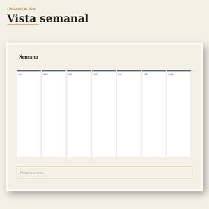 Puede incluir: Una plantilla de planificador semanal sobre un fondo crema con el texto "ORGANIZACIÓN Vista semanal" en la parte superior. Presenta siete columnas verticales etiquetadas de "LUN" a "DOM" y un recuadro rectangular abajo con "Prioridad de la semana".