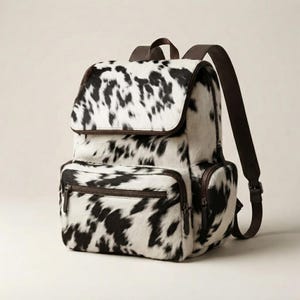 May include: A backpack featuring a black and white cow print pattern with a textured hair-on-hide finish. The bag includes a top flap closure, a front zippered pocket, side pockets, and dark brown leather straps with adjustable metal buckles.