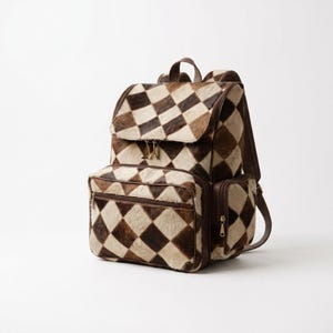 Cowhide Patchwork Backpack, Hair On Hide Leather Backpack, Western Boho Travel Bag, Rustic Geometric Rucksack