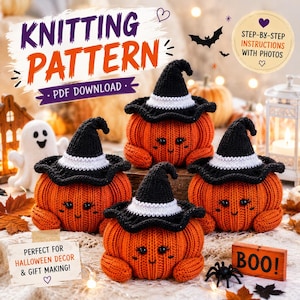 May include: A digital knitting pattern for four orange knitted pumpkins wearing black and white witch hats. The image features text reading KNITTING PATTERN, PDF DOWNLOAD, STEP-BY-STEP INSTRUCTIONS WITH PHOTOS, and BOO! on a small wooden block.