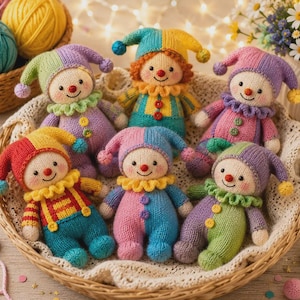 May include: Six small, hand-knitted dolls with jester-style hats and ruffled collars, each featuring a unique color combination of yarn. The dolls have embroidered facial features, including round red noses, and are arranged inside a woven basket.