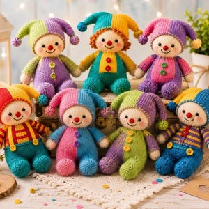 May include: Seven handmade knitted dolls with round faces, rosy cheeks, and red noses. Each doll wears a colourful two-toned jester hat with pom-poms and a matching outfit featuring small buttons. The dolls are arranged in a group, displaying various colour combinations including red, yellow, blue, green, and purple yarn textures.