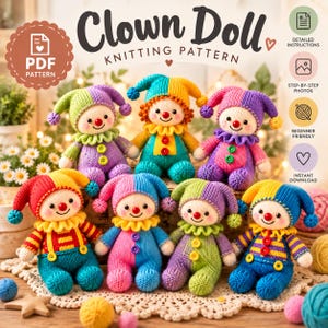 Könnte beinhalten: Eine digitale Anzeige mit sieben gestrickten Clownpuppen in verschiedenen Farbkombinationen, jede mit roter Nase, Rüschenkragen und Bommelmütze. Der Text lautet Clown Doll Knitting Pattern, Detailed Instructions, Step-by-Step Photos, Beginner Friendly und Instant Download.