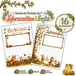 Pode incluir: Um conjunto de portfólio digital intitulado Funkelwald Portfolio-Set Jahreszeiten & Feste com 16 páginas. Duas folhas A4 mostram cenas florestais ilustradas com raposas, um rato, um sapo e um coelho, incluindo molduras para texto e as etiquetas Herbstzeit e Laternenfest.