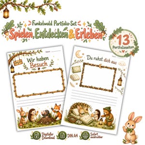 Könnte beinhalten: Ein Funkelwald Portfolio-Set mit 13 Seiten und Waldtier-Illustrationen. Zwei Seiten zeigen rechteckige Rahmen zum Beschriften, verziert mit Laternen, Eicheln und Tieren wie Fuchs, Maulwurf, Igel und Hase. Text: "Wir haben Besuch" und "Du ruhst dich aus."