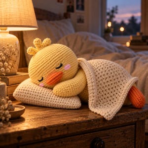 May include: A yellow crocheted duck plush toy with a small tuft of feathers on its head, sleeping on a white crocheted pillow. The duck has closed eyes, pink cheeks, and an orange beak, and is partially covered by a cream-coloured crocheted blanket.