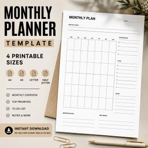 Op de afbeelding: Een witte maandplanner-sjabloon met zwarte tekst en rasterlijnen. Het document bevat secties voor maandelijkse focus, topprioriteiten, een takenlijst, notities, belangrijke data en de volgende maand in A4, A5, letter en half letter formaten.