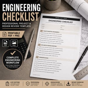 Könnte beinhalten: Ein weißes Engineering-Checklisten-Dokument mit Abschnitten für Projektdefinition, Standorteingaben und technisches Design. Das Dokument wird zusammen mit einem silbernen Stift, einem schwarzen Taschenrechner und einem Metalllineal auf einem Schreibtisch gezeigt.