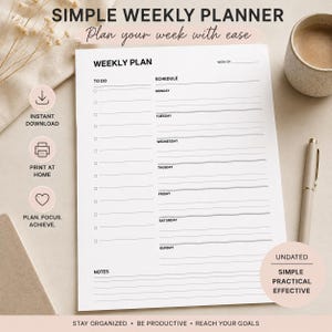 Op de afbeelding: Een wekelijks plannerblad van wit papier met zwarte tekst, voorzien van een 'WEEKLY PLAN'-kop, een 'TO DO'-lijstkolom met selectievakjes en een 'SCHEDULE'-sectie voor maandag tot en met zondag, inclusief een 'NOTES'-sectie onderaan.