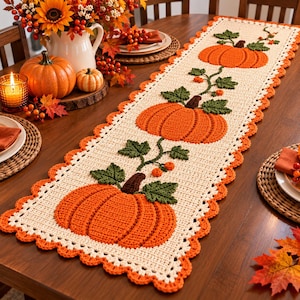 Patrón de camino de mesa de calabaza a crochet, decoración otoñal estilo granja (PDF) Patrón de camino de mesa de calabaza a crochet