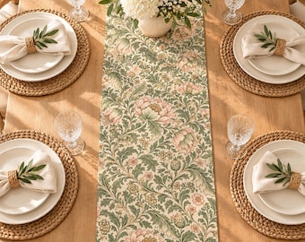 Vintage Floral Table Runner, Sage Green Botanical Runner, English Cottage Table Decor, French Country Dining, Spring Floral Runner