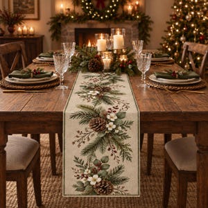 May include: A rectangular beige table runner featuring a printed botanical pattern of green pine branches, brown pinecones, small white flowers, and red berries. The runner is centered on a wooden dining table with place settings and candles.