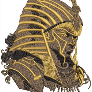 May include: Embroidered image of a pharaoh wearing a gold headdress with a brown face and a gold necklace.
