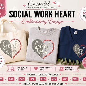 Puede incluir: Imagen que presenta un bolso de mano, una camiseta gris y una parte superior de uniforme azul marino, cada uno con un diseño de bordado en forma de corazón con las palabras "Social Work". El diseño incluye el texto "Is the art of listening and the science of hope."