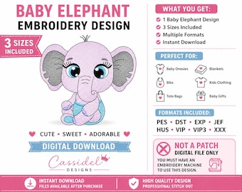 Baby Elephant Embroidery Design | 3 Sizes Included | | Cute Animal Embroidery File | Digital Download