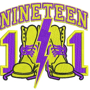 Puede incluir: Parche bordado en morado y amarillo con el texto "NINETEEN" y los números "111" con dos botas amarillas cruzadas detrás de un rayo morado.