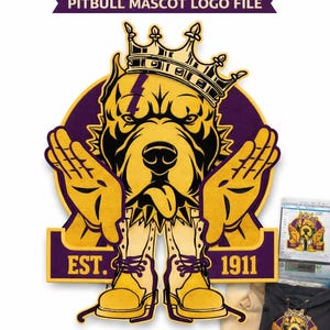 May include: Custom embroidery design featuring a pitbull mascot logo. The design includes a crowned pitbull head, hands, and boots in gold and purple. The text "EST. 1911" is also included. Digital download only.
