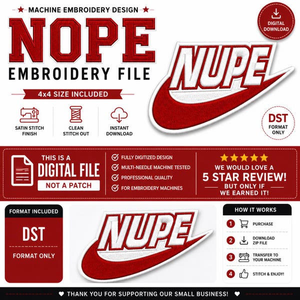 Nope Embroidery, DST Format Only, 4x4 Embroidery, Digital Download