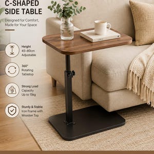 May include: An adjustable C-shaped side table with a dark wood-grain top and a black iron frame. The table features a height range of 45-80cm, a 360-degree rotating tabletop, and a 15kg load capacity. Text on the image includes Adjustable C-Shaped Side Table.