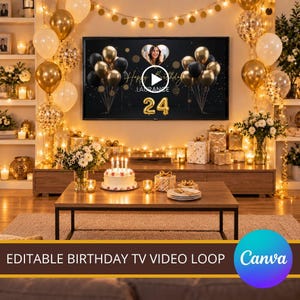Peut inclure: Une vidéo d'anniversaire numérique en boucle affichée sur un écran de télévision avec des ballons dorés et noirs, un cadre photo en forme de cœur et le nombre 24 en ballons dorés. L'écran affiche le texte Happy Birthday Laurance sur fond noir.