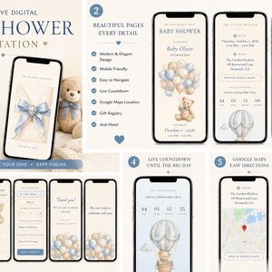 Könnte beinhalten: Eine interaktive digitale Babyparty-Einladungsvorlage, die auf mehreren Smartphone-Bildschirmen angezeigt wird. Das Design zeigt einen Teddybären, blaue und beige Luftballons sowie eine Heißluftballon-Illustration. Es enthält Abschnitte für RSVP, Live-Countdown, Google Maps-Standort und Geschenkregister-Details.