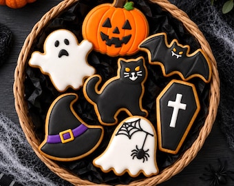 Puede incluir: Una cesta redonda de mimbre llena de galletas de azúcar con temática de Halloween. Las galletas incluyen una calabaza naranja brillante, un fantasma blanco, un gato negro, un murciélago negro, un sombrero de bruja negro con banda morada, un ataúd negro con cruz blanca y un fantasma blanco con telaraña y araña negras.