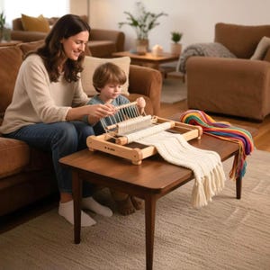 Pode incluir: Um tear de madeira com uma urdidura de fio de cor clara e uma peça de tecido branco parcialmente tecida com franjas. Ao lado do tear, encontra-se um feixe de fio multicolorido em tons de vermelho, laranja, amarelo, verde, azul e roxo.