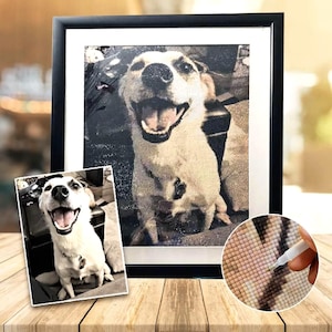 Könnte beinhalten: Ein gerahmtes Diamant-Painting eines lächelnden weißen Hundes mit dunklen Ohren, zusammen mit dem originalen Referenzfoto und einem kreisförmigen Ausschnitt, der ein Werkzeug beim Platzieren kleiner Harzsteine auf der Leinwand zeigt.