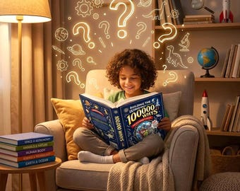 Puede incluir: Un niño sentado en un sillón lee un libro titulado Building the 100,000 Whys. Ilustraciones lineales brillantes de signos de interrogación, engranajes, planetas y dinosaurios flotan sobre el libro abierto, que tiene una cubierta azul oscuro.