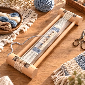 May include: A rectangular wooden weaving loom with two cylindrical ends featuring black markings. The loom holds white warp threads and a partially woven textile strip in shades of blue, cream, and tan, with a loose blue yarn thread attached.