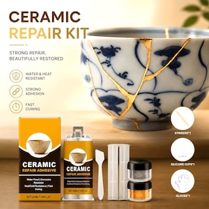 May include: A ceramic repair kit featuring a yellow and black box, a 50ml/1.69 fl oz adhesive tube, a white spatula, two clear plastic containers with gold and silver powder, a wooden stirrer, a silicone cup, and a pair of white gloves.
