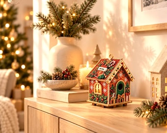 Puede incluir: Un adorno decorativo de casa de Navidad en miniatura con un exterior rojo y verde, abalorios intrincados, un bastón de caramelo, un calcetín navideño y una ventana iluminada. La casa presenta motivos festivos como acebo y regalos.