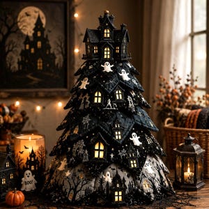 Puede incluir: Una decoración de árbol de tela en forma de cono de varios niveles en negro y gris, con capas acolchadas adornadas con ilustraciones de fantasmas blancos, telarañas y árboles desnudos, coronada por un pequeño modelo de casa negra iluminada.
