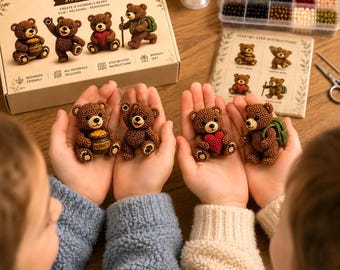 Puede incluir: Un kit de manualidades de osos con cuentas 3D que incluye una caja de cartón con la etiqueta 3D BEADED BEAR DIY KIT, un organizador de plástico transparente con cuentas pequeñas de colores, hilo blanco y cuatro osos de cuentas marrones.