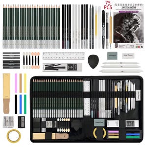 May include: A 75-piece drawing and sketching art set featuring numerous graphite pencils, charcoal sticks, paper blending stumps, erasers, sharpeners, a craft knife, a ruler, and a 15.24 cm by 22.86 cm sketch book, all organised in a black zippered case.