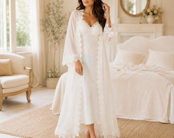 Bridal Nightwear Set, White Satin Kimono Robe, Lace Slip, Wedding Honeymoon Outfit