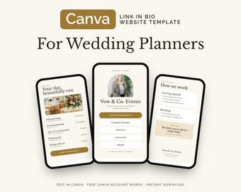 May include: A Canva link in bio website template for wedding planners featuring three mobile phone screens displaying service packages, event details, and booking information for Vow & Co. Events with a cream background and gold accents.