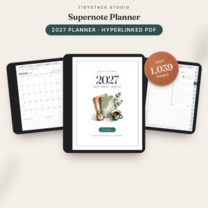 May include: Three digital tablets display a 2027 Supernote planner. The center screen shows a cover with the text 2027, daily, weekly, monthly, and a watercolor illustration of books, a clock, and a cup. A circular badge reads 2027 1,039 pages.