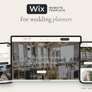 May include: A Wix website template for wedding planners displayed on a laptop and two smartphones. The screens feature the text Margot Ellis Weddings & Events and Calm planning for a day that feels like you, showcasing a wedding venue interior.