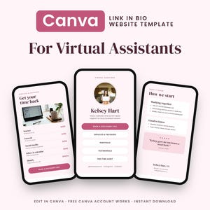 May include: A Canva link in bio website template for virtual assistants featuring three smartphone screens displaying service packages, a profile for Kelsey Hart, and a how we start section with pink and dark brown text and accents.