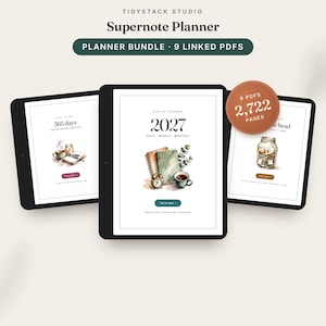 Puede incluir: Un paquete de planificadores digitales para Supernote que incluye 9 archivos PDF vinculados y 2,722 páginas. La pantalla muestra tres tabletas con la marca 2027, diseños diarios, semanales y mensuales, e ilustraciones en acuarela de objetos.