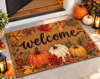 Zerbino con zucca autunnale, zerbino con foglia d'acero autunnale, decorazione rustica per l'ingresso di casa