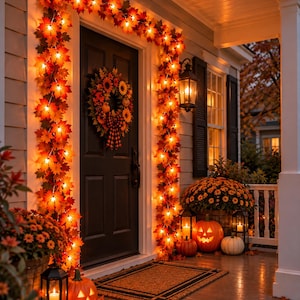 May include: A black front door decorated with a glowing maple leaf garland featuring warm orange lights. A wreath with sunflowers and plaid ribbon hangs on the door. The porch includes carved jack-o'-lanterns, white pumpkins, and lanterns.
