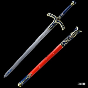 May include: A longsword with a silver blade featuring dark etched markings and a blue hilt with gold accents. The matching scabbard is bright red with blue and gold decorative metal fittings at the top and bottom. The word DICE is visible.