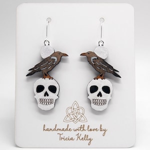 Handmade earrings, painted wood jewelry, raven crow with a skull and moon design includes a free gift box