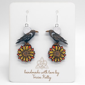 Handmade wood earrings, painted jewelry, raven crow design with an orange-yellow sunflower and moon, includes a free gift box