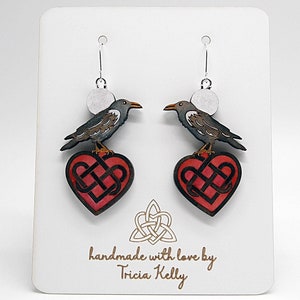 Handmade jewelry painted wood raven crow earrings with a Celtic Irish knot heart and moon design with a free gift box