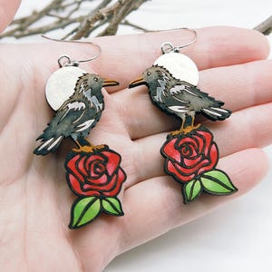Handmade Wood Earrings, Raven, Red Rose, Full Moon, Edgar Allan Poe, Witch, Crow, Gothic Jewelry, Gift for Her, Free Shipping, Free Gift Box